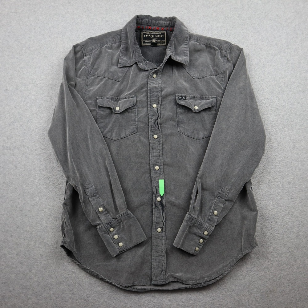True Grit Shirt Mens S Western Corduroy Gray Pearl Snap Long Sleeve Cotton